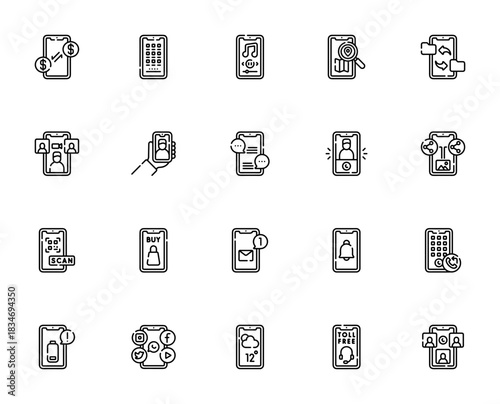 Phone icon set. Minimal vector icons pack. Includes ymbols for money transfer,apps, music player, locatin, video call, chat, socia media, shopping, email an more. Editable stroke.