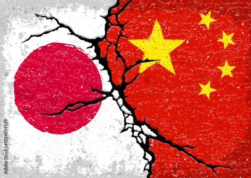 ひび割れた日本と中国の国旗・対立と分断のコンセプトイラスト背景