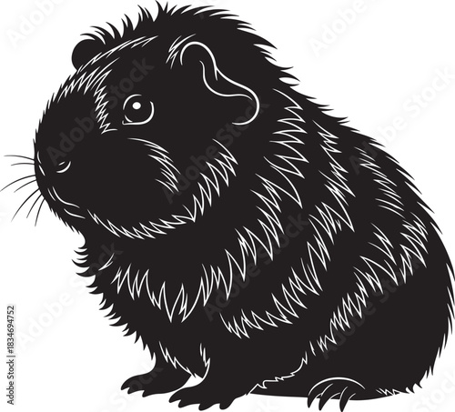 Detailed black silhouette vector illustration of a cute domesticated furry guinea pig pet rodent, isolated graphic