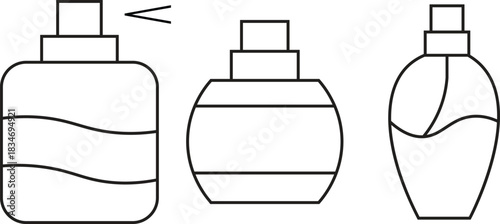 Perfume bottle icons set with various spray designs for fragrance and cosmetic packaging isolated on transparent background.