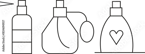 Perfume bottle icons set with various spray designs for fragrance and cosmetic packaging isolated on transparent background.