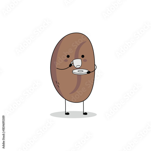 Cute coffee bean cartoon character drinking tea doodle