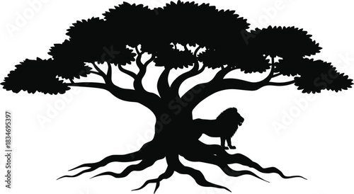 Black silhouette of a lion on a large tree with exposed roots white