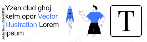 Business innovation, technology advancement, education, visual design, startup, marketing. A man gestures at a rocket, with bold T and text. Business innovation and technology advancement concept