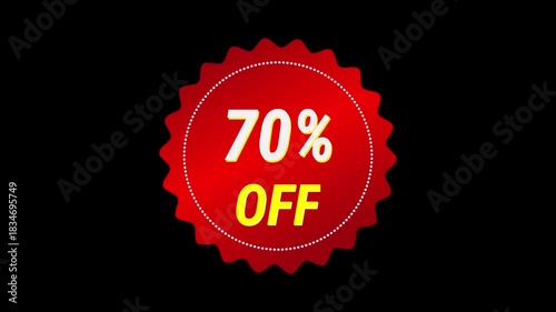 Red 70% off sale video badge on black background. Icon motiongraphic transparent video
