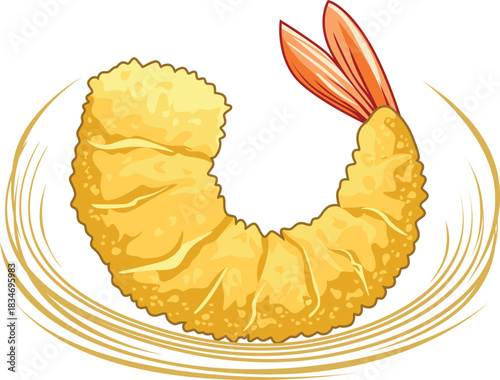 Illustration of a golden-brown fried shrimp tempura, curled on a plate with artistic swirl lines.