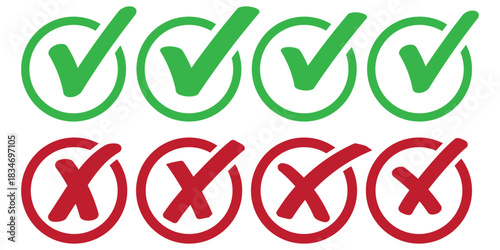 Check mark icons, cross symbols, correct and wrong signs, approval graphics, validation elements, decision indicators