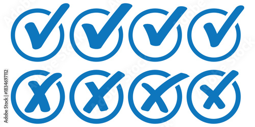 Check mark icons, cross symbols, correct and wrong signs, approval graphics, validation elements, decision indicators