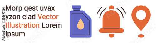 Digital communication, notifications, maps, alerts, location, branding Graphics include a notification bell, a map pin, and a potion bottle. Digital communication and notifications