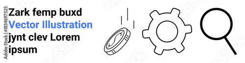 Technology, mechanics, data search, innovation, exploration, problem-solving. Line art of a gear, magnifying glass and coin token. Technology and mechanics through clean vector elements