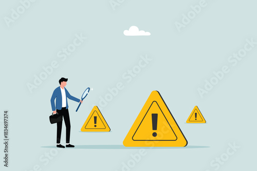 Root cause analysis for problem solving, risk identification, or critical failure concepts. An entrepreneur with a magnifying glass investigates an incident marked with an exclamation mark.