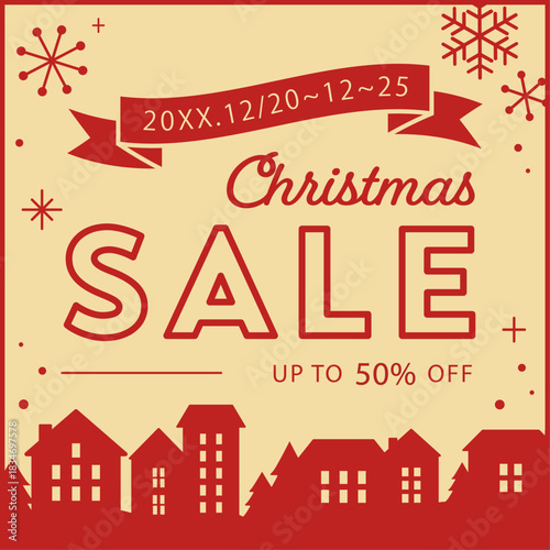街並みシルエットのクリスマスセールPOP（ベージュ×赤・冬の販促バナー）