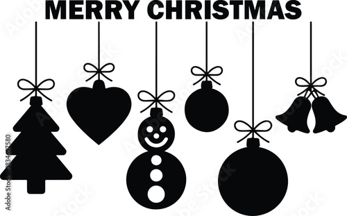 Hanging Christmas ornaments and Merry Christmas text appear as black silhouette shapes against white background