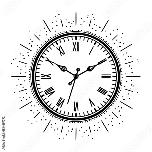 Vintage clock illustration with roman numerals for timekeeping and decorative design element vector graphic