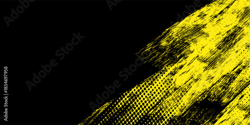 Halftone yellow dots pattern and black gradient grunge texture background. Dotted line comic sport style vector illustration concept art