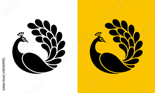 Stylized silhouette of a peacock with elaborate tail feathers