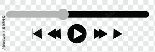 Music or video play bar icon. Audio player for songs or podcast playlist. Play, shuffle, repeat, rewind and fast forward buttons. Template of media player playback panel