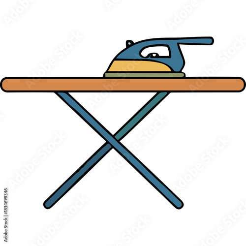 Close Up Of Blue And Yellow Iron On Orange Ironing Board With Blue X Shaped Legs On Black Background
