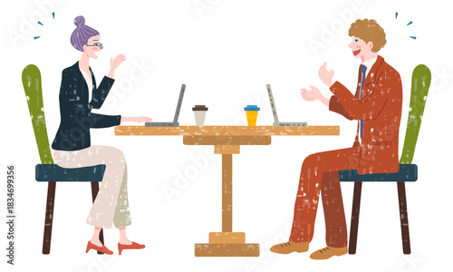 カフェでの打ち合わせとディスカッションをするビジネス男女（水彩風イラスト）
