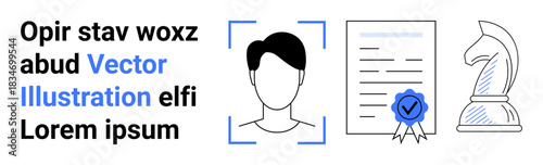 Identity verification, authentication, certification, strategy, business solutions, technology. Facial recognition frame, document with a seal chess knight. Identity verification and certification