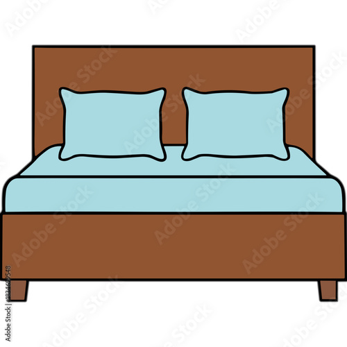 Clean Simple Illustration of a Double Bed with Two Light Blue Pillows and Blue Sheets Framed by a Brown Headboard and Footboard Against a Black Background