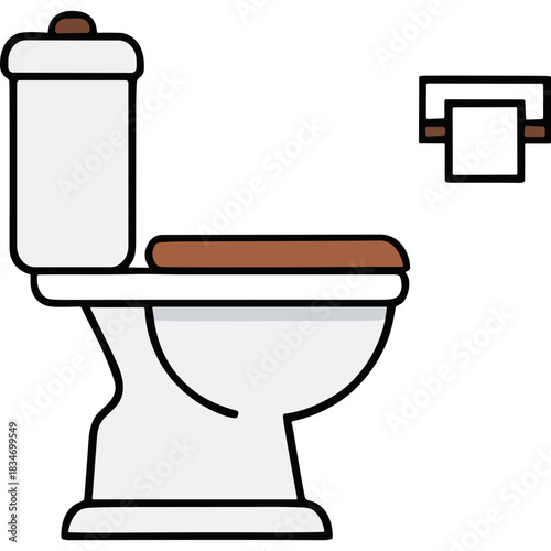 Clean White Toilet Bowl with Brown Seat and Roll Holder Visible on Black Background Simple Illustration Style for Bathroom or Hygiene Concepts