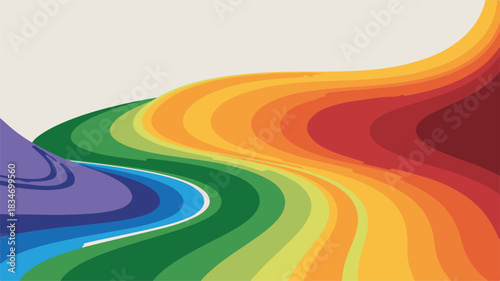 A vibrant abstract wave of flowing rainbow colors creates a dynamic path, a colorful vector graphic representing diversity, pride, and positive energy