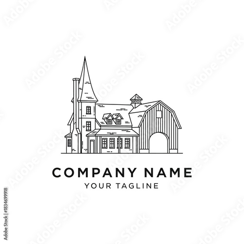 Elegant architectural illustration of a detailed house with a steeple and barn.