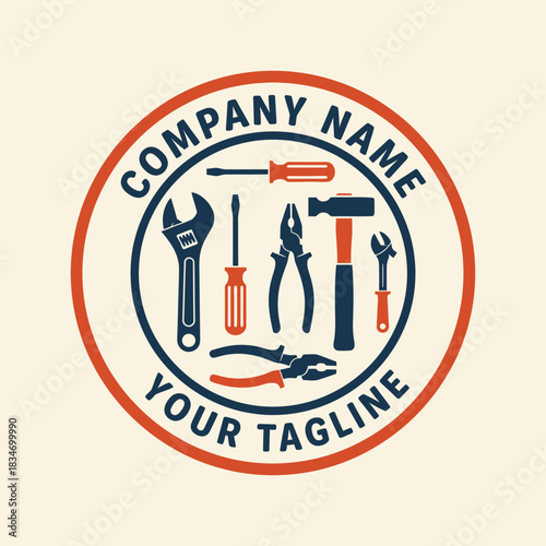 Vintage handyman tools logo template with wrench and hammer.