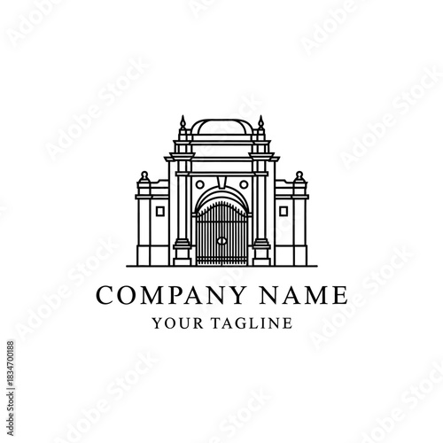 Elegant classical building facade line art logo design.