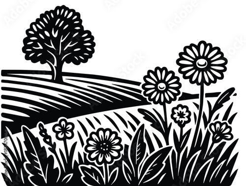 Hand-drawn illustration of flowers and a solitary tree in a field