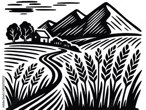 Hand drawn illustration of a rural wheat field scene with hills in the background