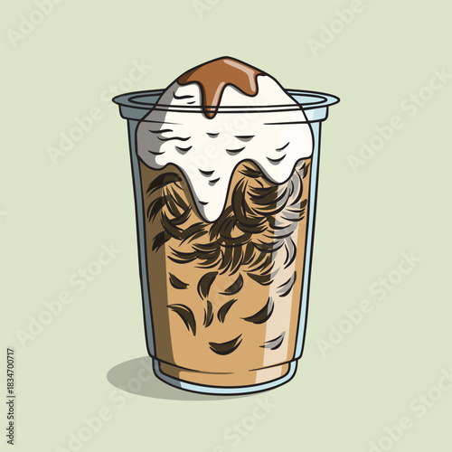 Illustration of Cappuccino Cincau, an Indonesian dessert in a clear glass.