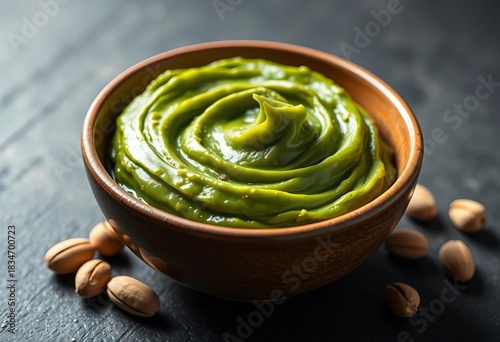 Smooth, vibrant green pistachio paste in a bowl,  gourmet,  bright