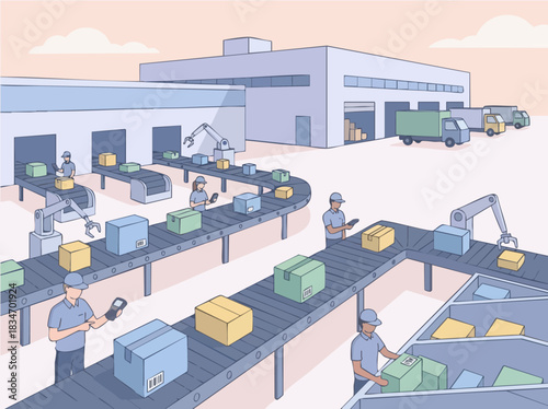 Factory production line with workers and automated processes.