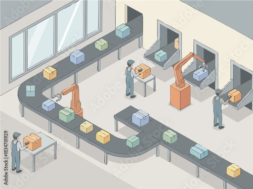 Automated factory production line with robotic arms and workers packaging goods.