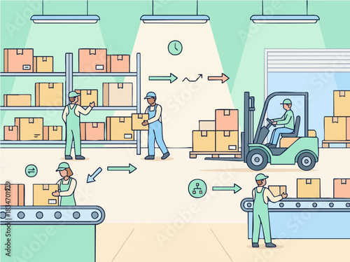 Warehouse workers managing inventory and logistics operations with forklifts and conveyor belts.