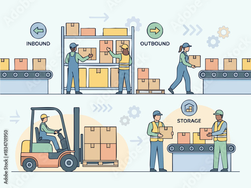 Warehouse operations and logistics management with workers and equipment.