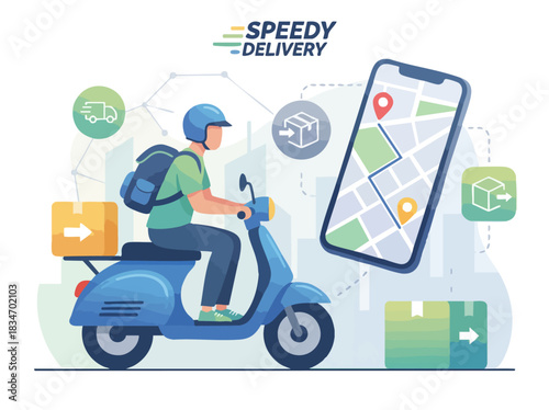 Delivery man on scooter with package and phone navigation.