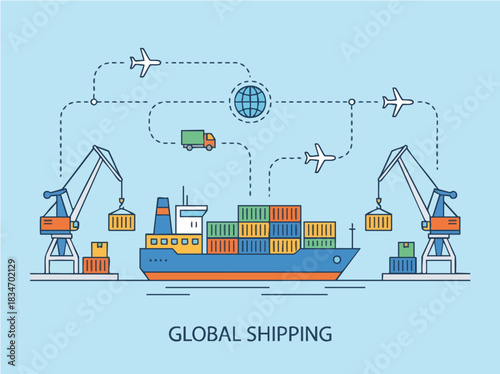 Global shipping and logistics transportation concept with cargo ship.