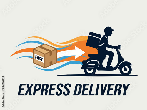 Express delivery service logo with courier on scooter carrying package.