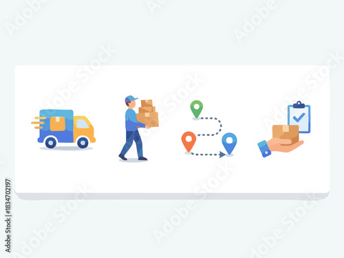 Delivery process illustration showing truck, courier, route, and package handover.