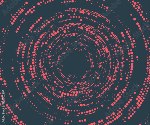 Circular Halftone Pattern Concentric Circles Frame Vector Red Black Colour Abstract Background. Mod Minimalist Art Half Tone Graphics Rippled Structure. Retro Futurism Technology Art Illustration