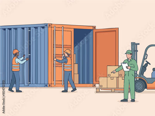 Workers loading and unloading cargo containers with forklift and boxes.