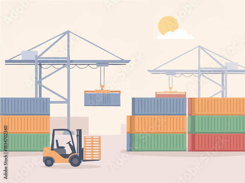 Shipping port scene with containers and a forklift in action, logistics concept.