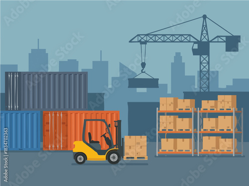 Forklift operating in a shipping yard with containers and cargo.