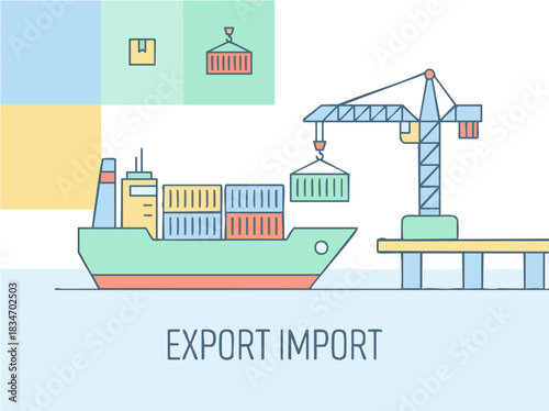 Shipping and logistics concept, export import, cargo ship loading and unloading.
