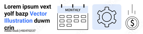 Monthly calendar, gear icon symbolizing process, and falling dollar coin. Ideal for finance, planning, automation, savings, budgeting, operations or a simple landing page