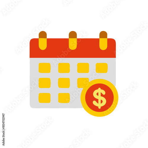 Calendar icon with payday marked and a dollar coin, representing financial planning and income dates.