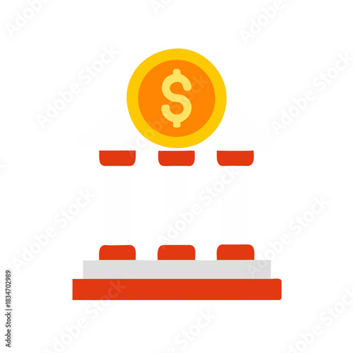 Flat icon of a classic bank building with a golden dollar coin on top, representing finance and commerce.